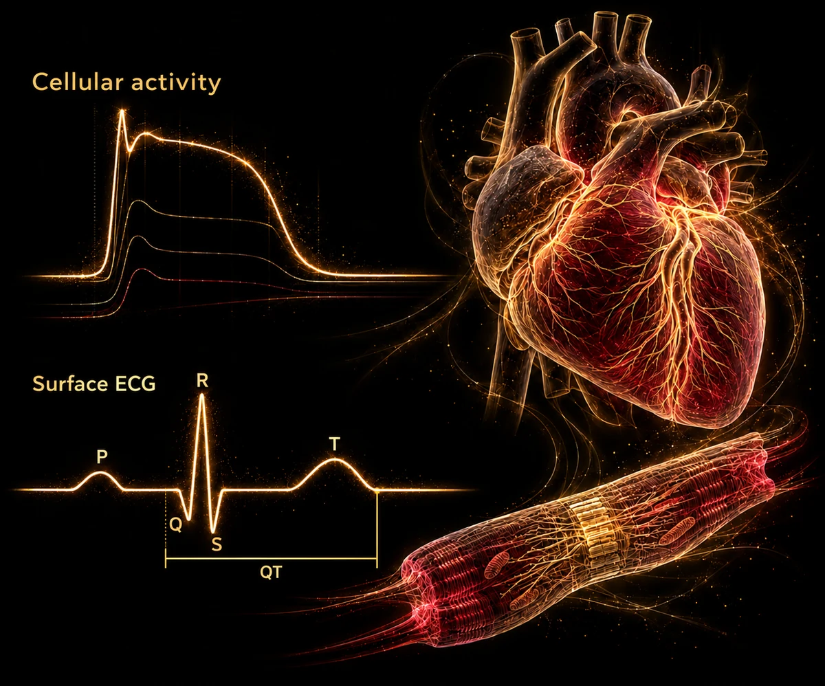 Conceptual CardiX illustration of a complete heart and cardiomyocyte, cellular action potentials and a separate surface ECG labeled P, Q, R, S, T and QT.