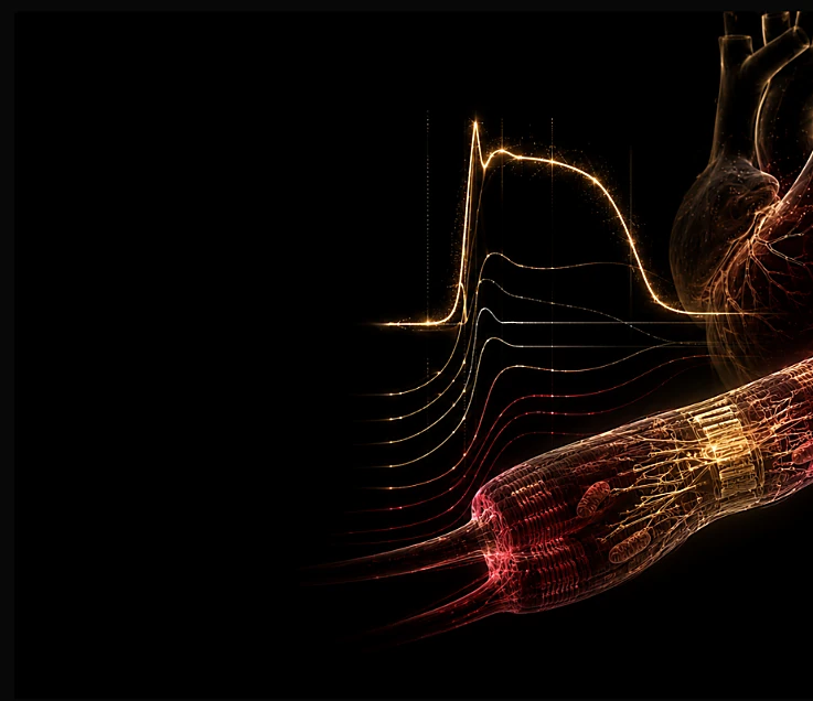 Cardiac action-potential traces mapped to a heart and vascular system visualization.