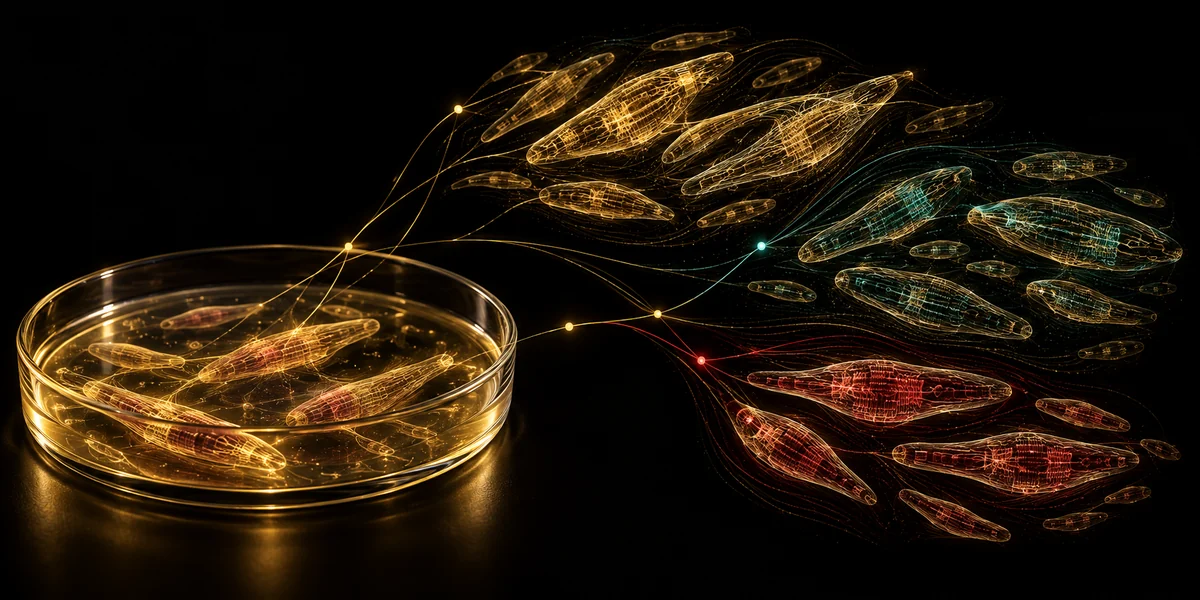 Conceptual culture dish linked by evidence paths to groups of virtual cardiac cells with varied shapes and internal activity patterns.