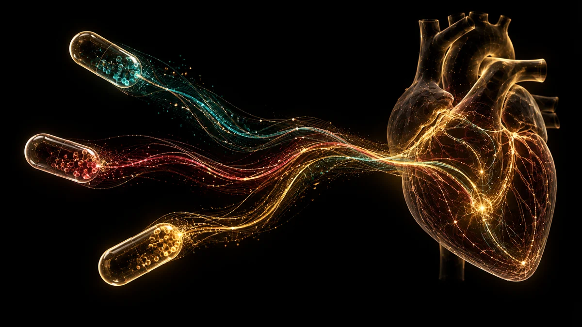 Three unbranded medication sources sending distinct gold, teal and dark-red exposure paths into a shared cardiac system.