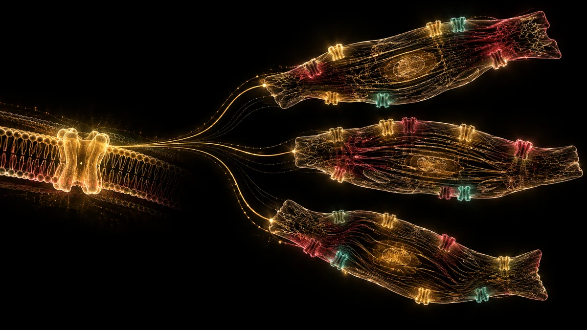 Conceptual golden membrane channel connecting to a family of virtual cardiac cells with different multichannel profiles.