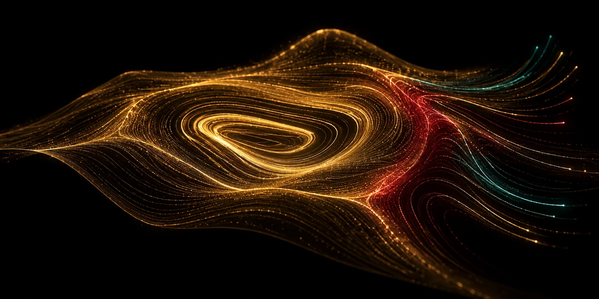 Conceptual stability landscape with a coherent golden attractor region and neighboring trajectories diverging near a sensitive boundary.