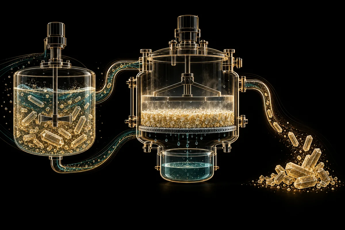 Conceptual API isolation sequence showing slurry, a porous filter cake and dry crystal particles.
