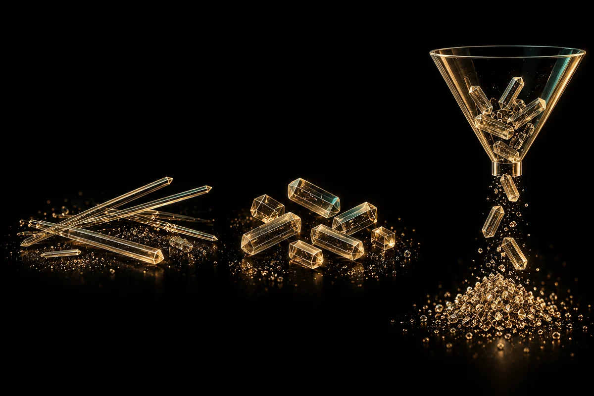 Conceptual needle and rod crystal populations beside a transparent powder-handling funnel.