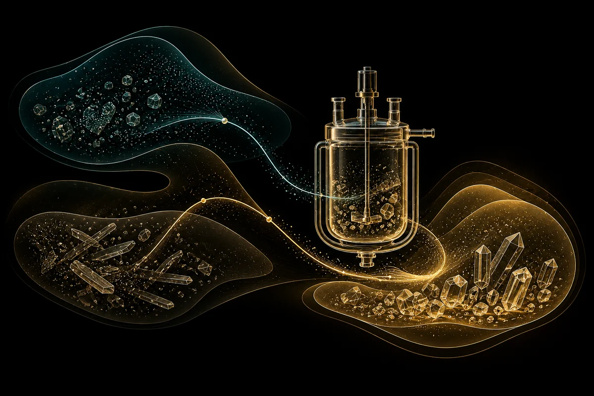Conceptual crystallizer surrounded by contrasting process regions and candidate routes.