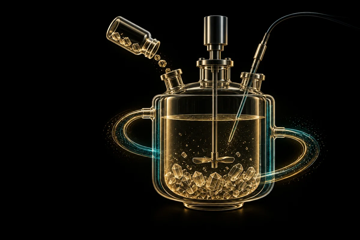 Conceptual jacketed crystallizer with seed material, a monitoring probe and subtle temperature-cycle motifs.