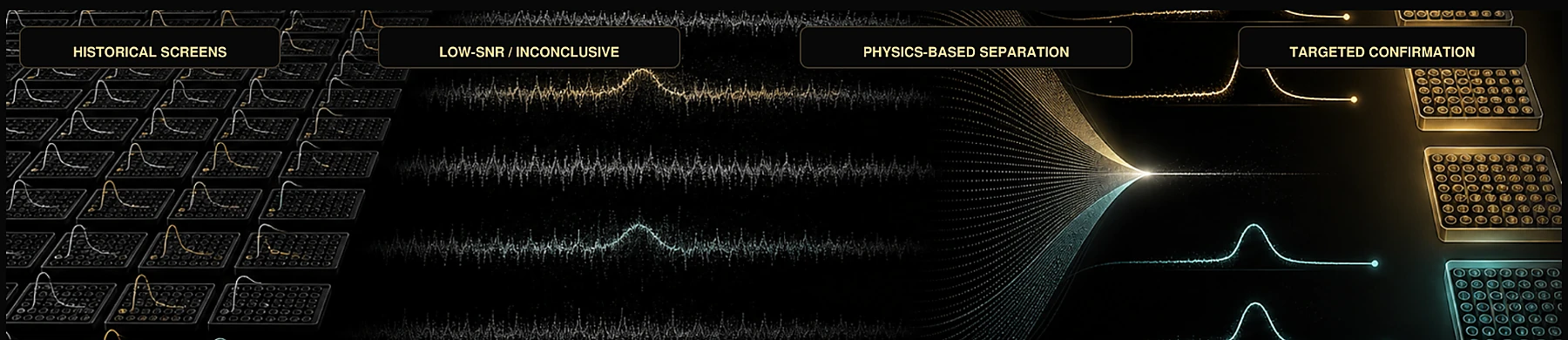 Signal rescue workflow from historical screens and low-SNR data through physics-based separation to targeted confirmation.