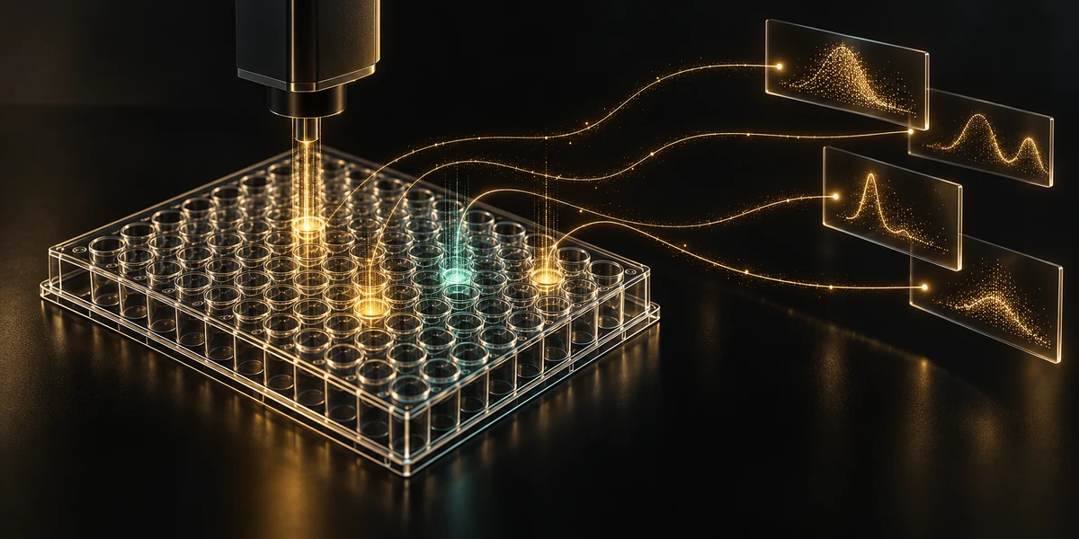 Conceptual black-and-gold illustration linking mapped plate wells and a reader head to organized analytical results.