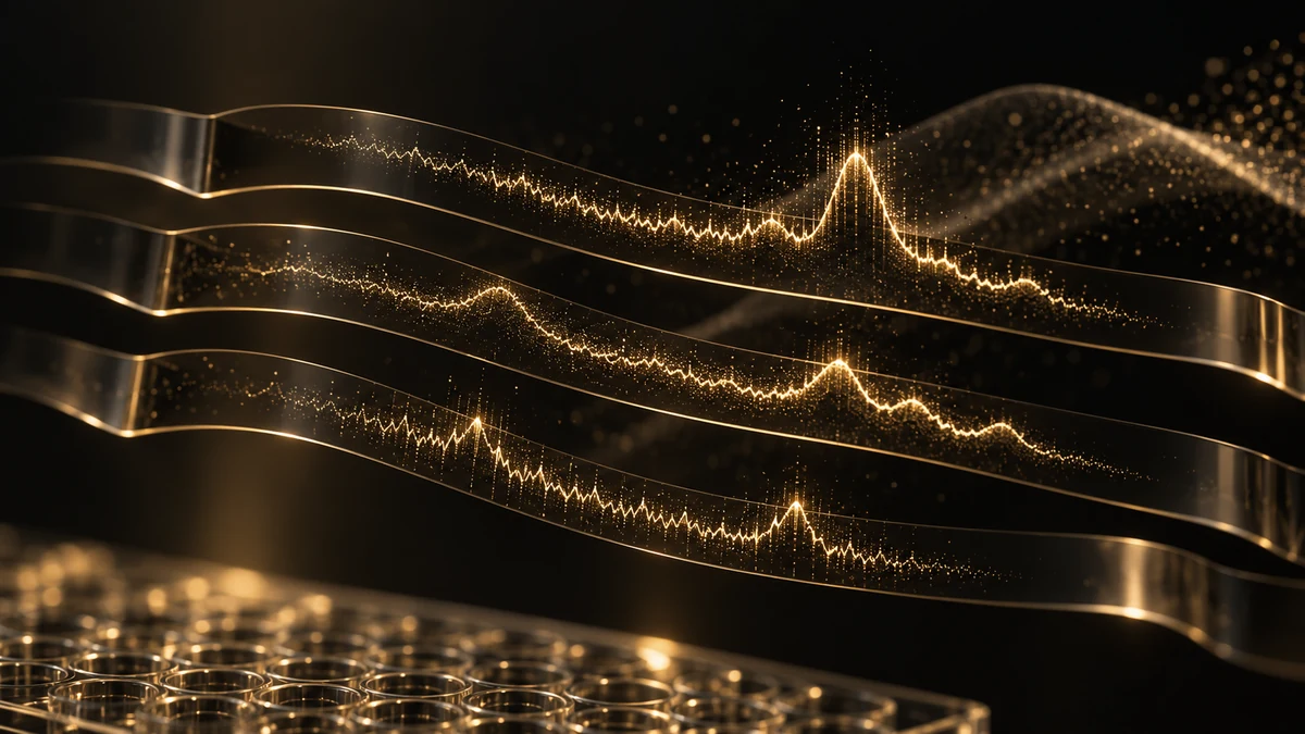 Conceptual layered glass ribbons with gold kinetic events and distinguishable background variation.