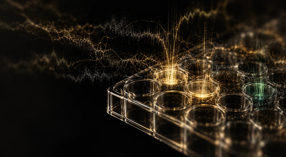 Conceptual close view of a few assay wells with faint coherent gold structures among similarly textured background variation.