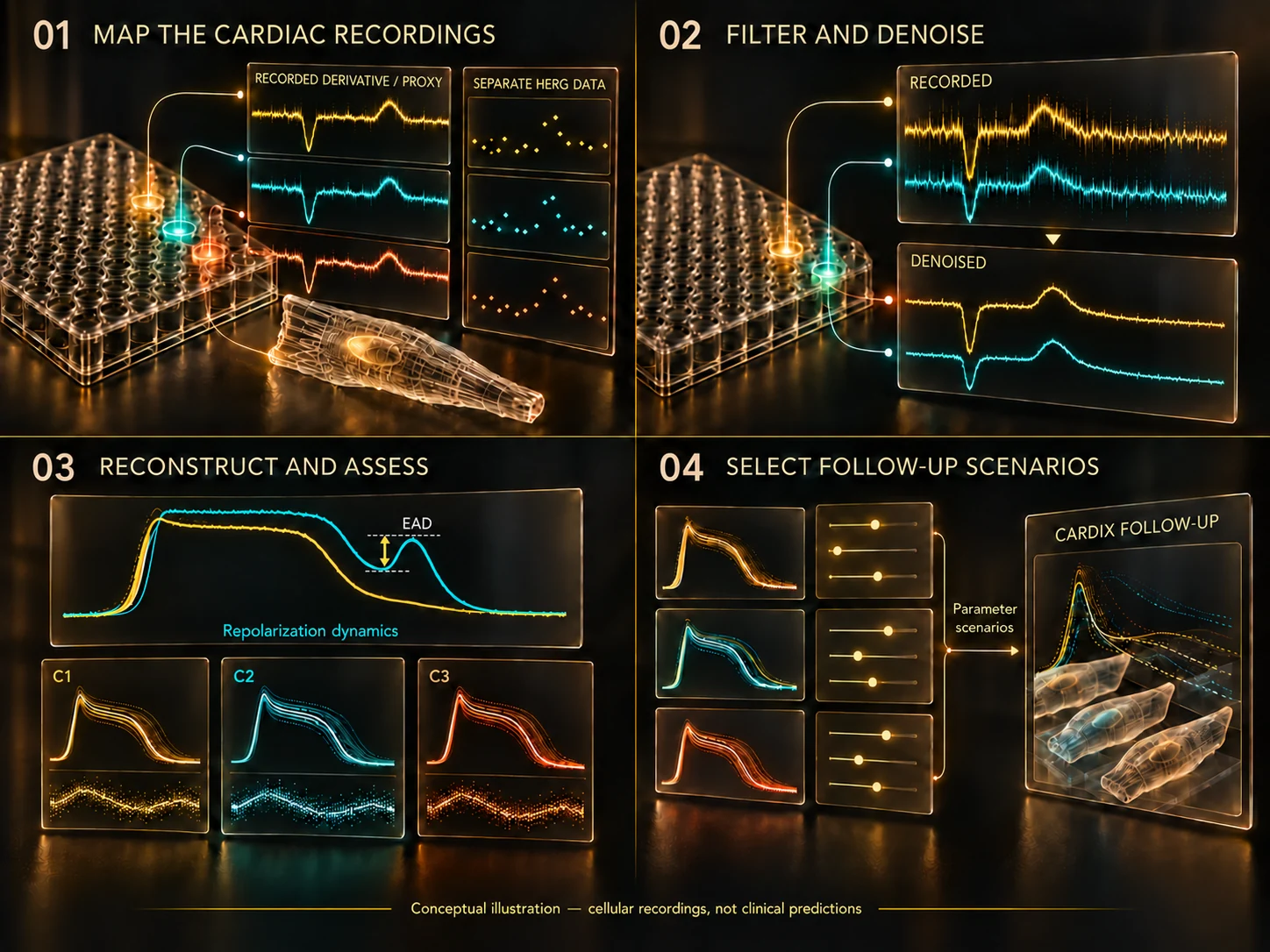 Conceptual sequence of noisy cardiomyocyte proxy recordings, tailored denoising, reconstructed action potentials and cellular feature assessment, with separate hERG-current evidence.