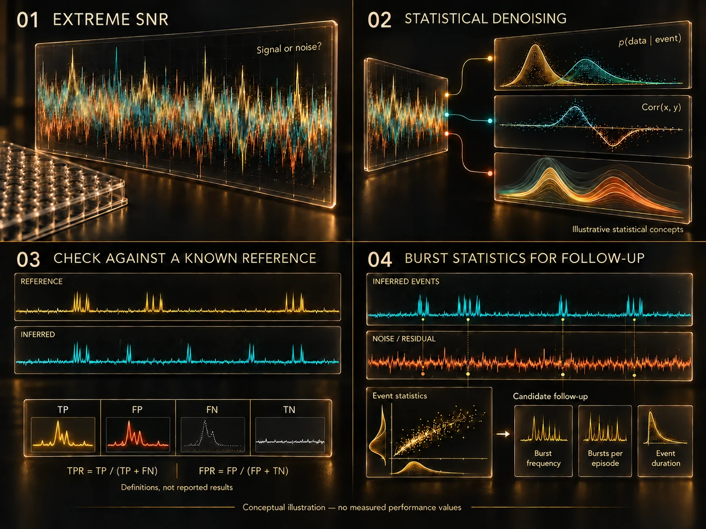 Conceptual sequence of ion-channel bursts obscured by extreme noise, statistical denoising, known-result assessment and burst statistics for candidate follow-up.