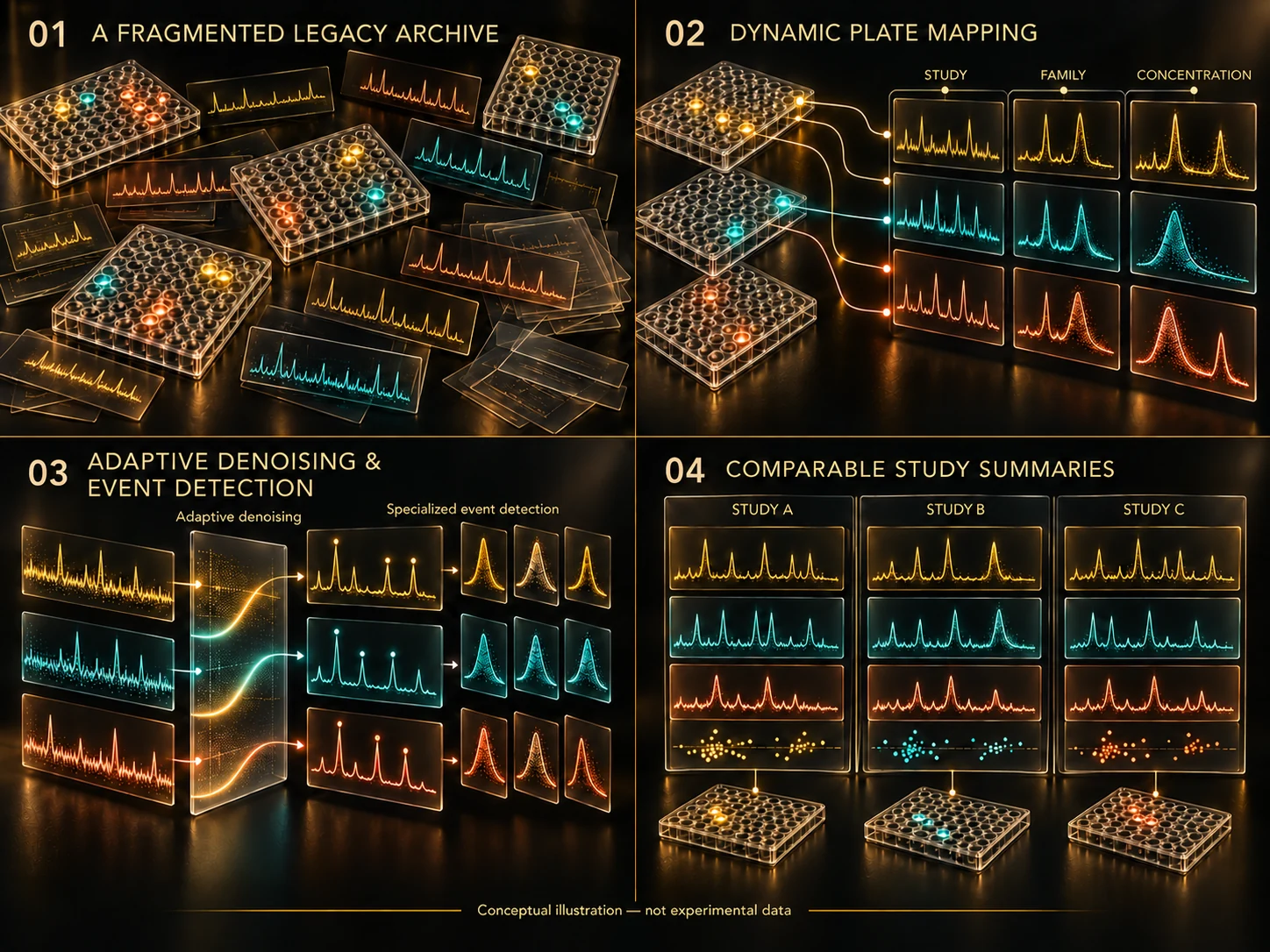 Conceptual sequence of a fragmented multiwell recording archive, dynamic plate mapping, adaptive denoising and event detection, and cross-study comparison.