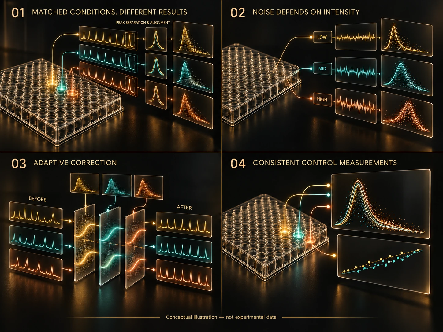 Conceptual four-scene reconstruction of inconsistent well-level peak statistics, intensity-dependent skewed noise, adaptive correction and consistent repeat controls.