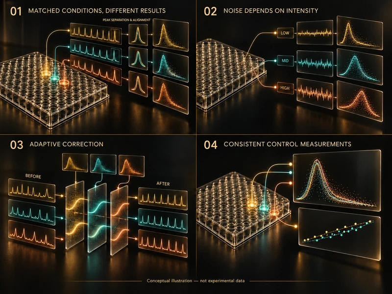 Conceptual illustration of intensity-dependent noise analysis, adaptive correction and consistent repeat controls in an anonymized PlateX case.