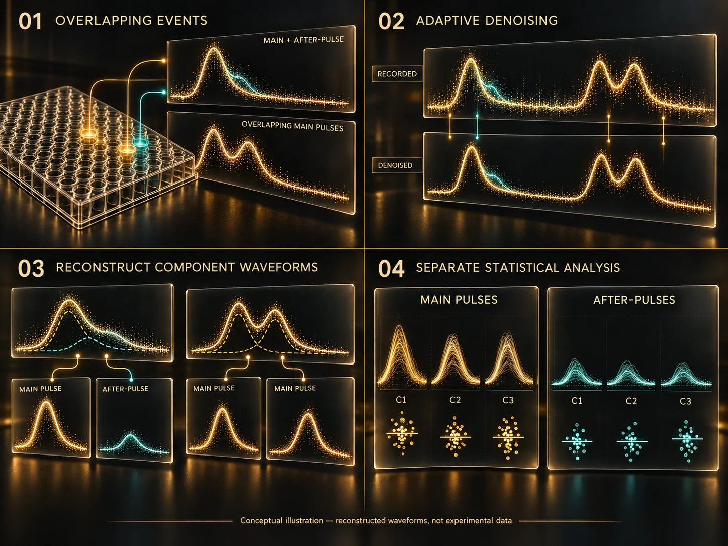 Conceptual sequence of overlapping main pulses and after-pulses, adaptive denoising, model-informed waveform reconstruction and separate event analysis.
