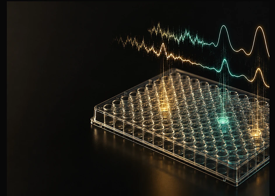 PlateX visualization showing a multiwell plate with kinetic signal traces.