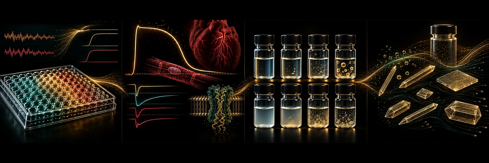 Four scientific fields in the ADETERA X-Platform portfolio: plate analytics, cardiac electrophysiology, solvent selection and crystallization.
