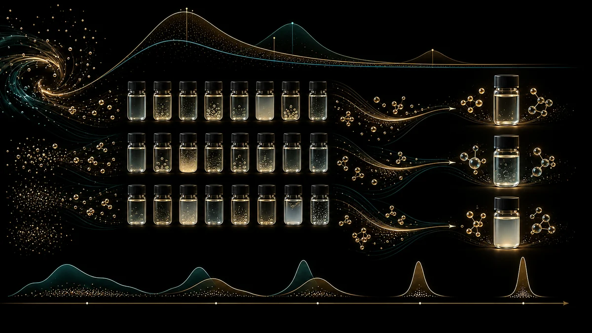 Conceptual illustration of solvents and mixtures narrowing from a broad screening space to selected experimental candidates.