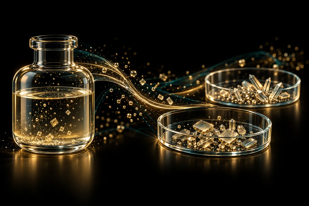 Conceptual gold-lit solution vessel leading toward glass dishes containing different crystal habits, with particles still in solution.