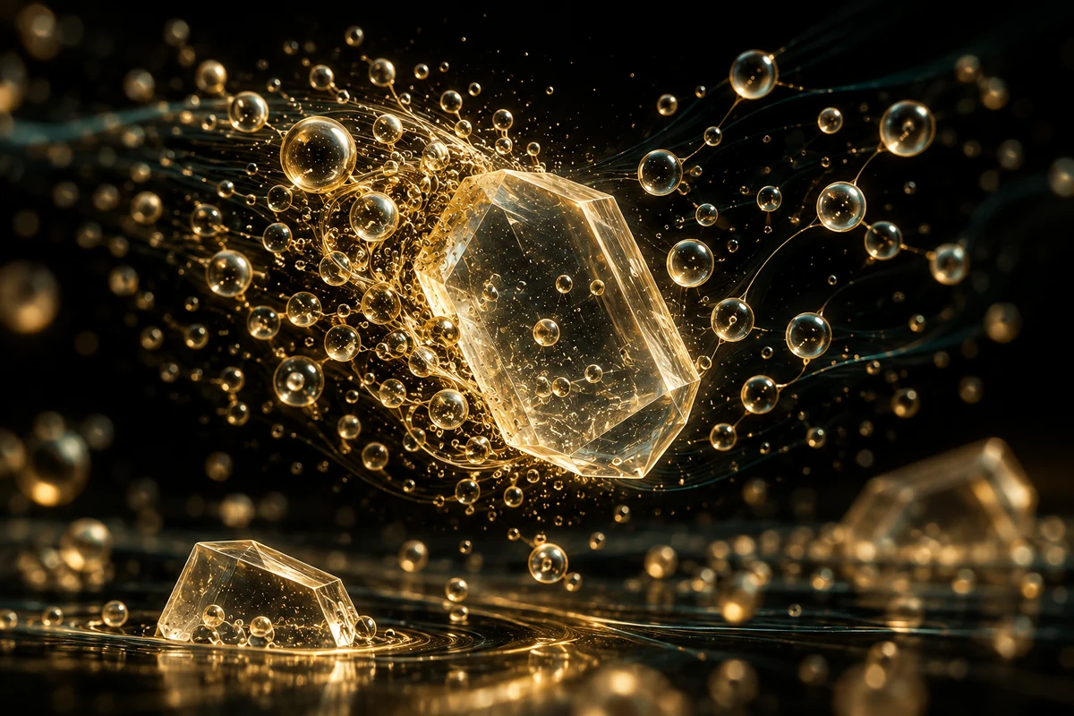 Conceptual translucent molecular-scale form surrounded by dense and open arrangements of gold-edged solvent droplets.