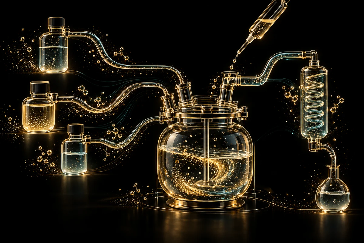 Black-and-gold conceptual laboratory vessels joining through several solvent pathways around a process vessel and condenser.