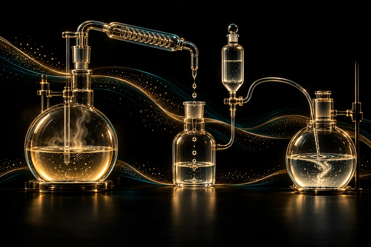 Conceptual gold-edged glass vessels, a condenser and an addition funnel suggesting solvent exchange and staged liquid addition.