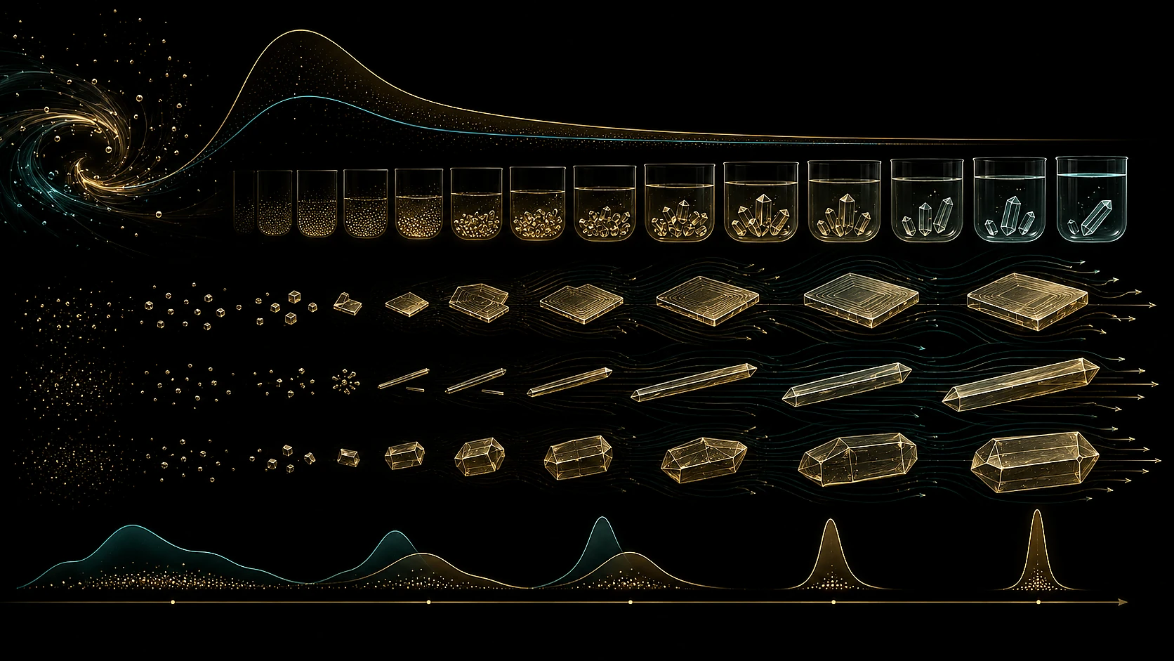 Scientific visualization of solvent selection, crystallization pathways, crystal habit and particle-size outcomes.